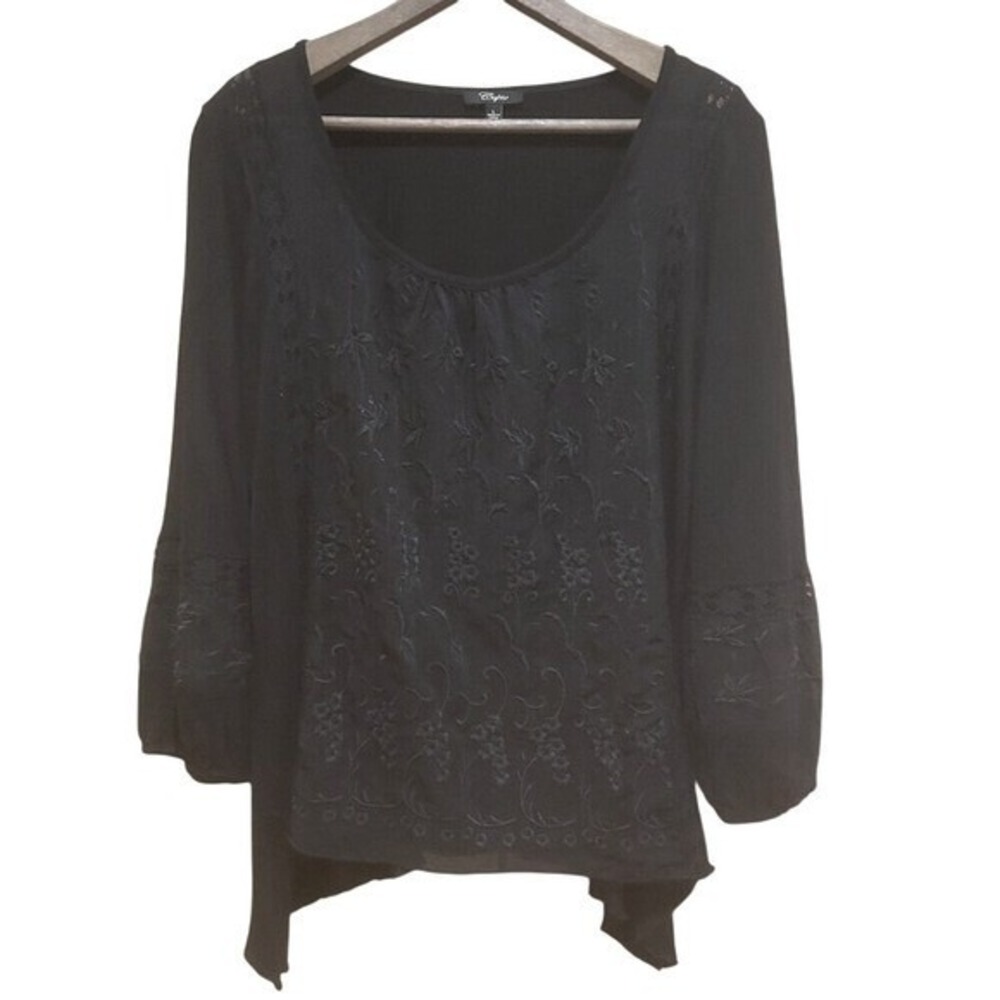Cupio Black Blouse-Sz L-Mesh Floral Front-Lace-Boho-Fairy Grunge-Whimsigoth - Picture 1 of 12